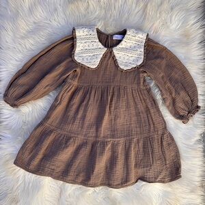 Zara Brown Cotton Dress with Vintage Lace Peter Pan Collar size 5-6